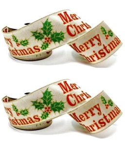 2 rollos de cinta con cable Feliz Navidad acebo en dorado vacaciones 2,5" x 16 yardas nuevo - Imagen 1 de 4
