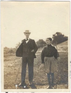 Man & Woman Hiking with Cane & Walking Stick in Field 1920s Original Snapshot - Picture 1 of 1