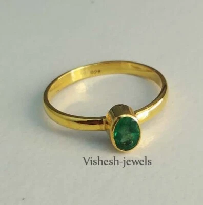 Anillo de plata de ley 925 enchapado en oro esmeralda natural joyería S EE. UU. 9 VJ-315 Foto 1 de 4
