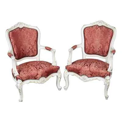 Louis XV Style Off-White Crackle Painted Gilded Red SIlk Upholstered Armchairs - Image 1 of 4
