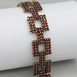 Antique Gold Vermeil Bohemian Garnet Square Link Bracelet Sterling Silver Repair - Picture 1 of 8