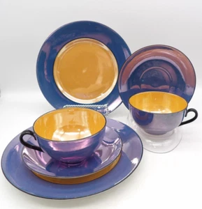 Vintage Phoenix China Setting for 2 Blue Orange Lusterware Plate Saucer Cup - Picture 1 of 9