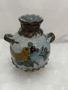 Vintage Art Pottery Vase Hand Painted Bird Flowers Signed Autumn Colors - Picture 1 of 9