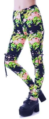 24HRS HIPPIE FLOWER VEGAN POWER SKA PUNK ROCKER FLORAL LACE LEGGINGS PANTS  - Image 1 of 2