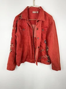 Chico's Sz 2 Embroidered Art-to-Wear Stretch Floral Jean Jacket Autumn Color - Picture 1 of 8