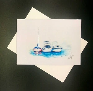 Three Boats, Blank Greeting Cards w/envelopes,  Notecards, Original Art - Picture 1 of 5