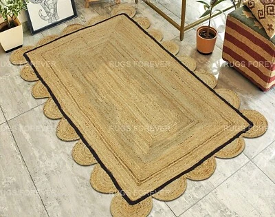 Scalloped Hand Braided Natural Jute Area Rugs Living Room Runner Kilims 4x6 5x8 - Image 1 of 4