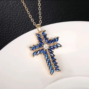 Cross Pendant cubic Zirconia 16” chain gold plated - Picture 1 of 2