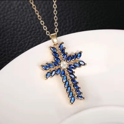 Cross Pendant cubic Zirconia 16” chain gold plated - Image 1 of 2