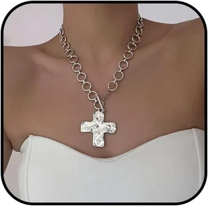 Chunky Cross Necklace for Women Gold/Silver Chunky Cross Pendant Necklace Layere - Picture 1 of 12