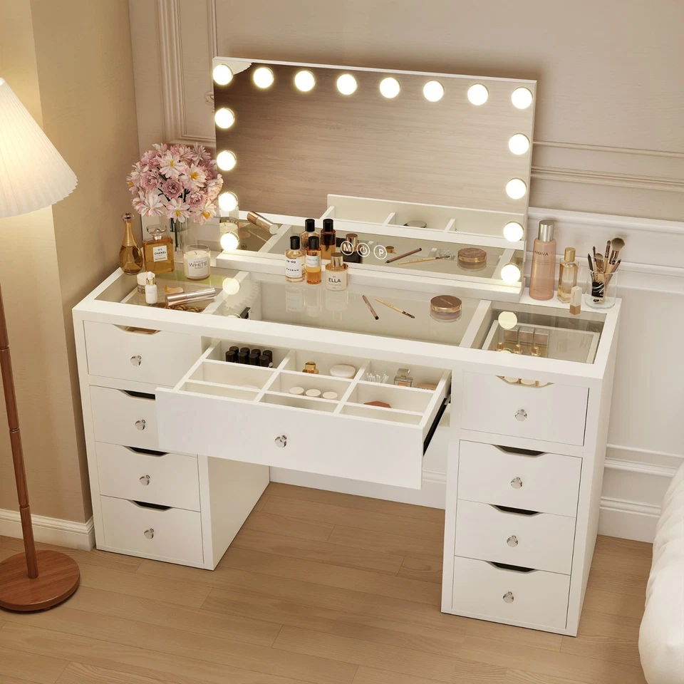 WHITE GLASS TOP VANITY DRESSER TABLE WITH LED MIRROR WITH 9 DRAWERS KL-DS12N - image 1 of 4