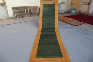 2x9 Vintage Afghan Gabbeh Runner – Minimalist Green & Gold Solid Design. - Picture 1 of 11