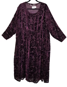 VTG Katy D Deep Purple Babydoll Velour Velvet Burnout Dress PLUS 18/20 Floral - Picture 1 of 20
