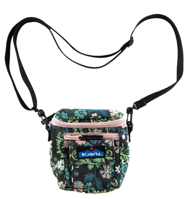KAVU Black Pink Blue Green Floral Cotton Canvas Zip Mini Satchel Crossbody Purse - Image 1 of 4