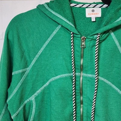 SUNDRY Green Horizon Zip Hoodie White Stitching Drawstring Casual Women's S - Image 1 of 4