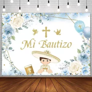 7X5Ft Mi Bautizo Backdrop Boy Baptism Christening Party Decorations Supplies Blu - Picture 1 of 6