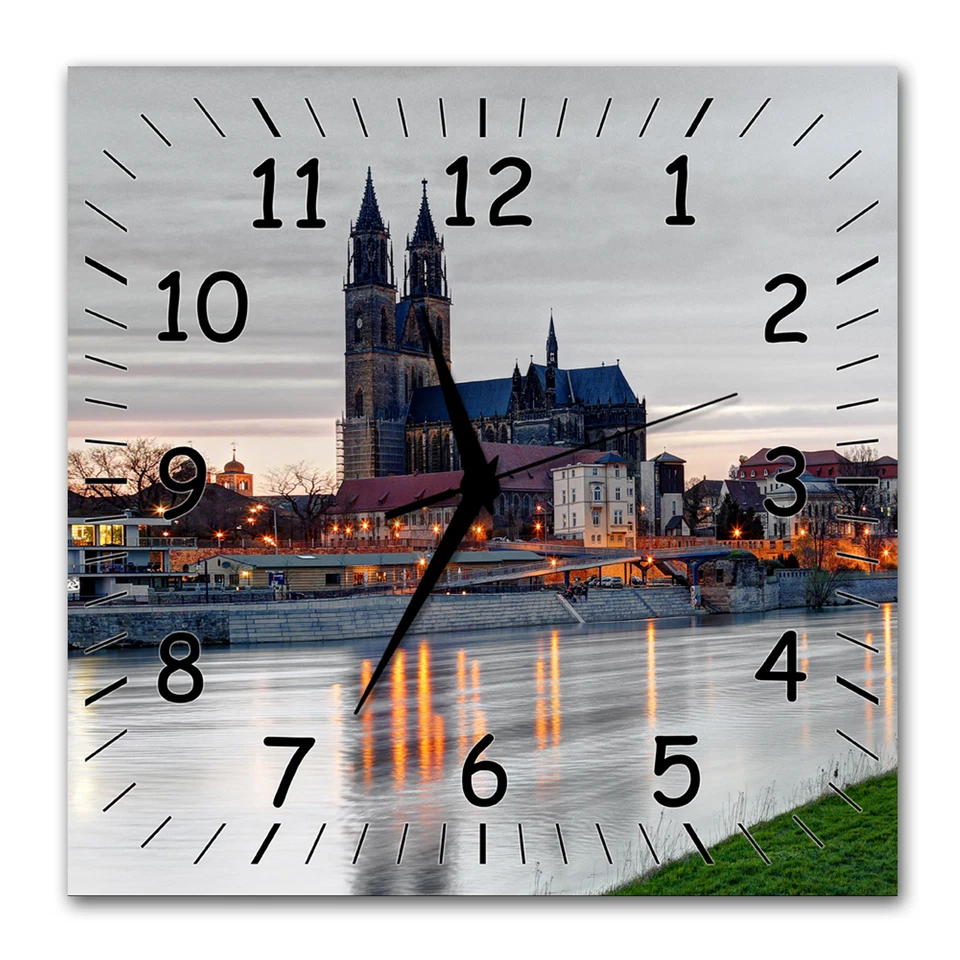 BM Wanduhr 30 cm x 30 cm leises Uhrwerk Funkuhrwerk Skyline Magdeburg 9423-1 SZ - Bild 1 von 3