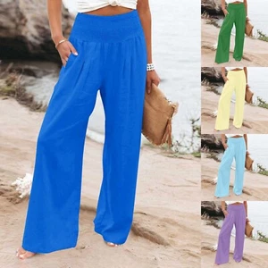 Women Cotton Linen Wide Leg Pants Ladies Casual Baggy High Waist Palazzo Trouser - Picture 1 of 39
