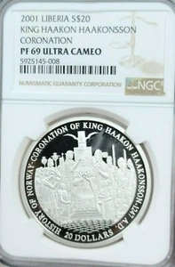 2001 LIBERIA SILVER 20 DOLLARS KING HAAKON HAAKONSSON NGC PF 69 ULTRA CAMEO TOP - Picture 1 of 4