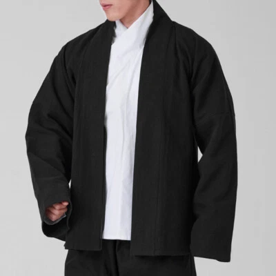 Mens Chinese Retro Blouse Coat Loose Fit Cardigan Linen Blend Kung Fu Jacket - Image 1 of 4