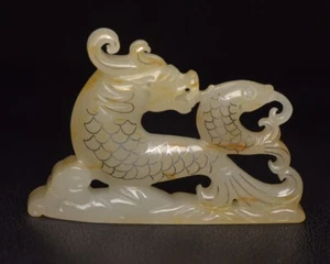 Top Chinese Natural Hetian Jade Carved Exquisite Dragon Fish Statue Collection - Picture 1 of 9