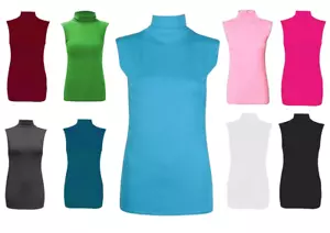 NEW POLO NECK TOP SLEEVELESS WOMEN ROLL NECK TURTLE NECK PLAIN TOP UK 8-26 - Picture 1 of 25