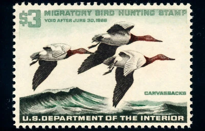US RW32 $3 1965 Hunting Permit Stamp Three Canvasback Drakes VF NH - Image 1 of 2