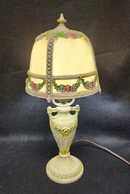 Antique Art Nouveau Caramel Slag Glass Table / Boudoir Lamp Cast Iron - Image 1 of 4
