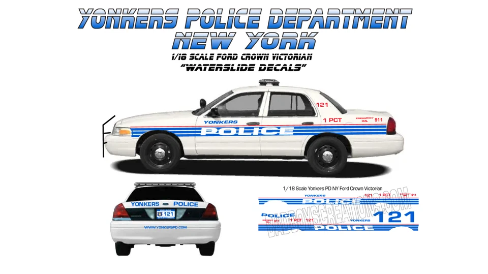1/18 Scale Yonkers PD NY Ford Crown Vic Waterslide Decals Motormax - Image 1 of 1