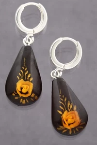 Carved Cameo Rose Genuine BALTIC AMBER Silver Dangling Earrings 3.4g 250211-17 - Picture 1 of 6