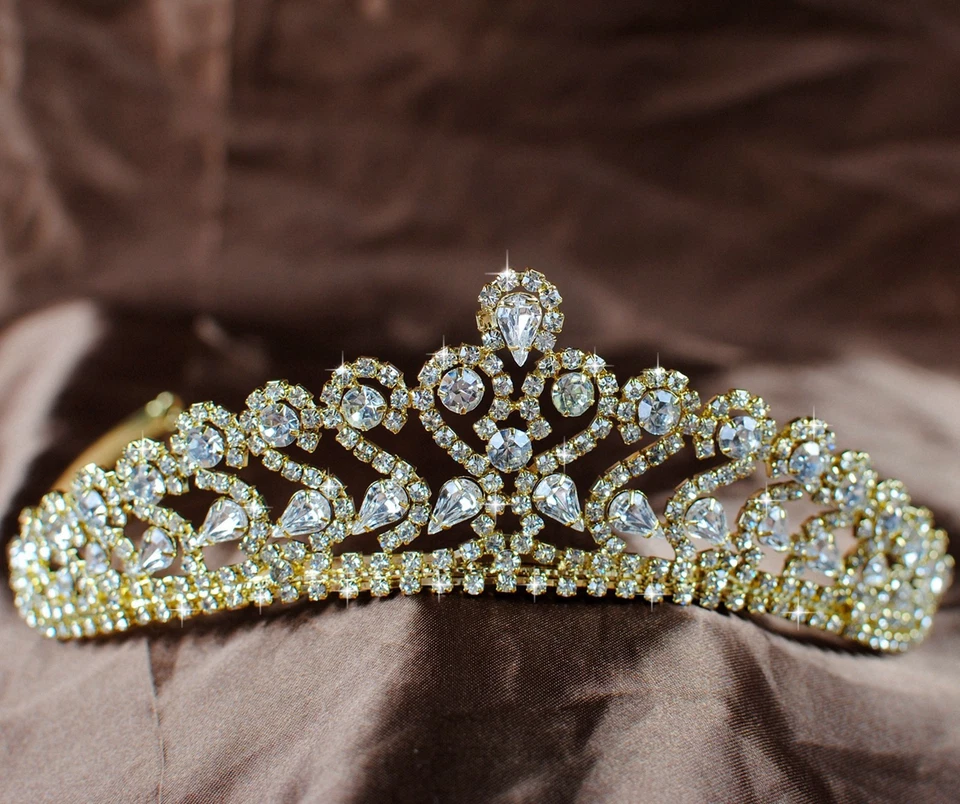 Diadema romántica de boda con corona de pedrería austriaca tiara dorada para novias Foto 1 de 1