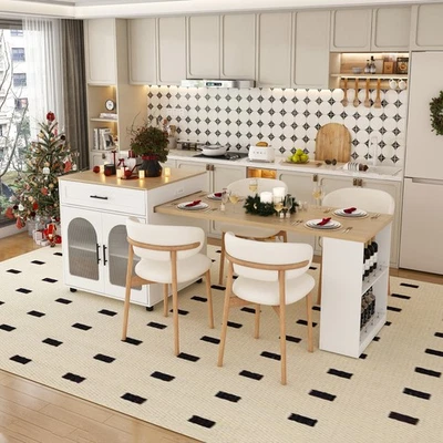 Isla de cocina expandible con mesa de comedor, carro de almacenamiento móvil con gabinete y cajones Foto 1 de 4