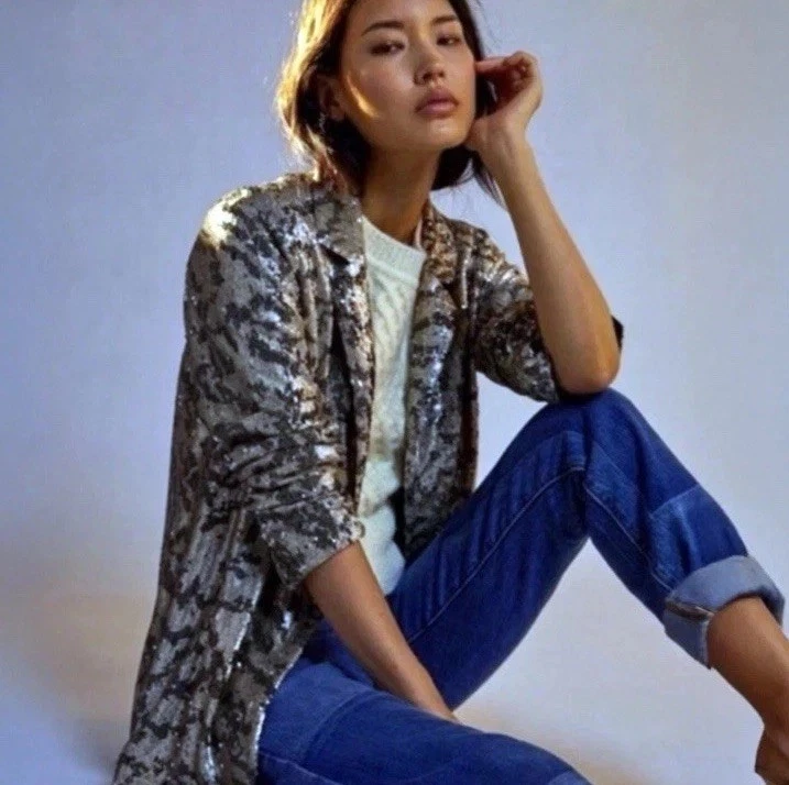 Blazer Jordyn Anthropologie Maeve Lentejuelas Nuevo con Etiquetas - Negro y Plateado - Talla M Foto 1 de 4