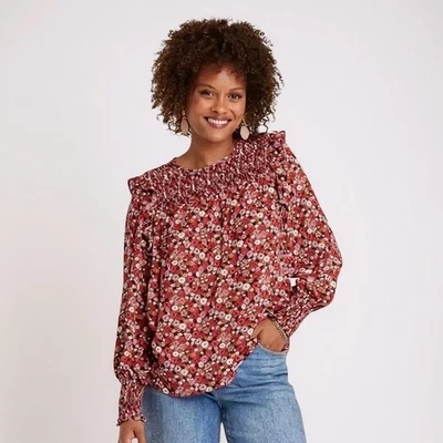 NUEVA Blusa Knox Rosa Boho Floral Calada Campesina Top Mediana Manga Larga Volantes Foto 1 de 4