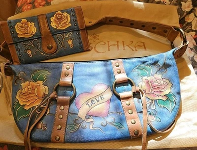 Bolso de hombro Anuschka Hobo de cuero pintado a mano marrón Love Heart  Foto 1 de 4