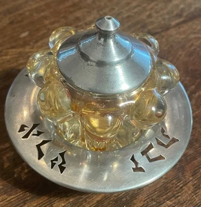 PLATO OLLA MIEL MERMELADA JUDAICA PLATA ESTERLINA RECORTADA DE COLECCIÓN con INSERTO DE VIDRIO FRANCÉS - Imagen 1 de 7