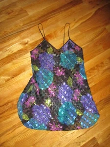 Vtg Lucie Ann II Black Turquoise Purple Floral Sheer Chemise Slip Nightie M-L - Picture 1 of 4