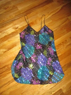 Vtg Lucie Ann II Black Turquoise Purple Floral  Sheer Chemise Slip Nightie M-L - Image 1 of 4