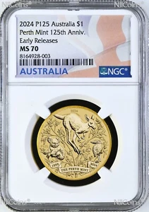 2024 P Perth Mint 125 Anniv. Base Metal Kangaroo/koala/Kooka NGC MS70 $1 Coin ER - Picture 1 of 2