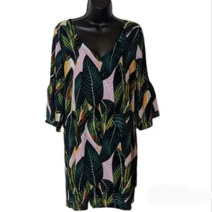 Belongsci Green Leaf V-Neck Knee Length Dress w/ Flounce Bell Sleeves Size S NEW - Picture 1 of 6
