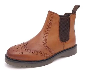 Mens Leather Brogue Chelsea Boots Pull On Tan Brown Frank James Walkton 2 - Picture 1 of 5
