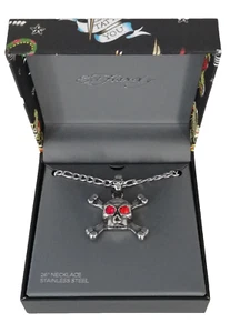 Ed Hardy Skull Head Crystal Pave Silver Tone 26" Necklace Chain Pendant Nib - Picture 1 of 5