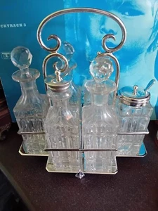Vintage 6 Piece Silver Plated Glass Cruet Set with Clawed Feet - Picture 1 of 2