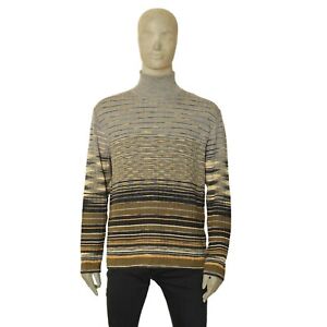 Missoni Men Gray Khaki Wool Rib Knit Striped Turtleneck Top Sweater Blouse 54