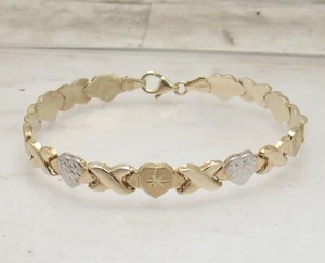 7 1/4" Diamond Cut Hearts Kisses Bracelet Real 10K Yellow White Two-tone Gold - Picture 1 of 4