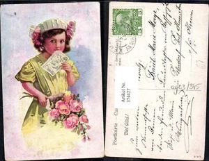 374427, Postal de artista niño niña sombrero ramo de flores rosas - Imagen 1 de 1