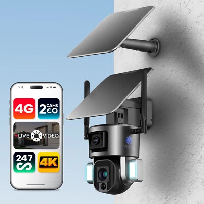 4G Security Camera 4K Video 2 Cams Dual Solar Outdoor 24/7 Recording PTZ 360 SIM - Image 1 of 4