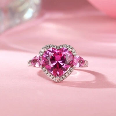 2Ct Heart Cut Natural Red Ruby Three-Stone Engagement Ring 14K White Gold Plated - Image 1 of 4