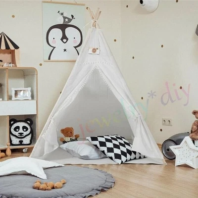 160CM Large Canvas Kids Teepee Wood Indian Tent Child In/Outdoor Play House Gift - Image 1 of 4