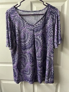 Kim Rogers Knit Top Womens Large Purple Print V Neck Short Sleeved Basic Capsule - Picture 1 of 5